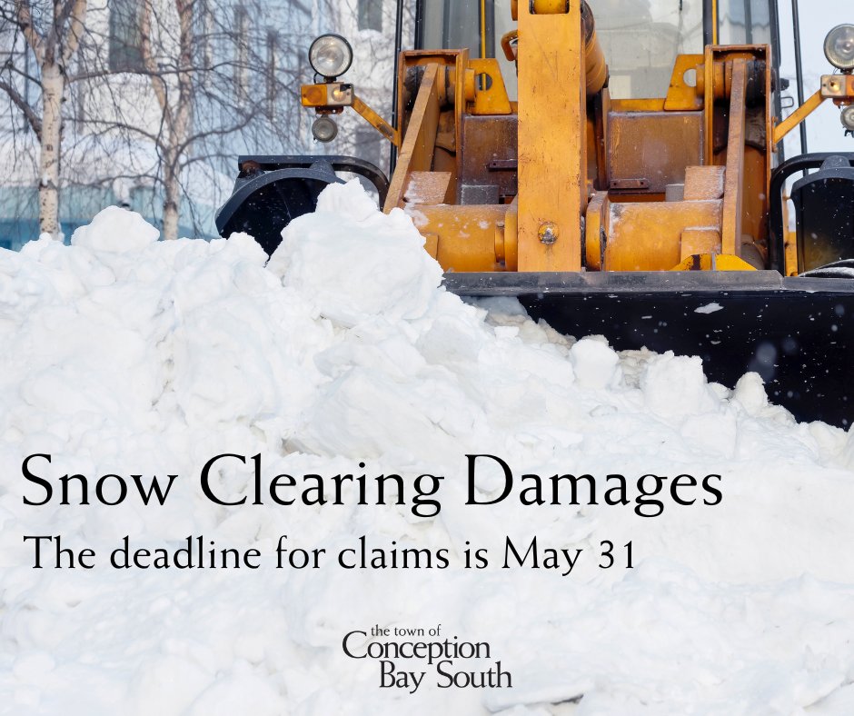 All claims for damages due to snow clearing operations for the 2023 - 2024 winter season must be submitted to the Town of Conception Bay South by May 31. For more information and to submit your claim, please visit: conceptionbaysouth.ca/events/damage-…