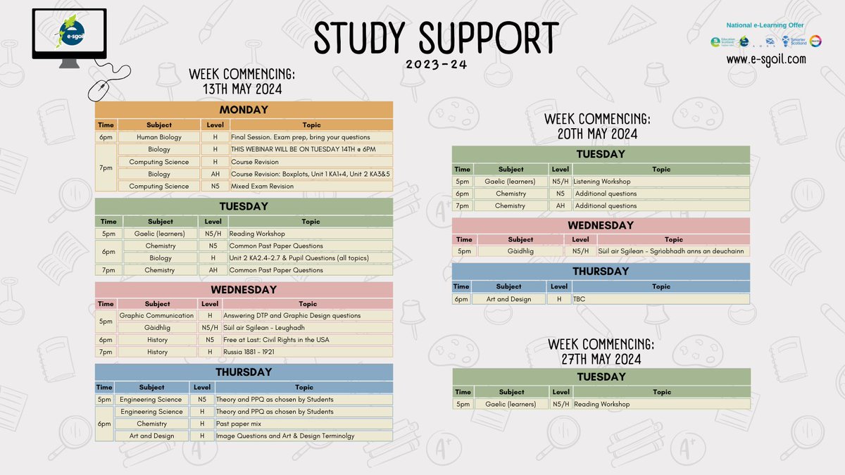 If you're preparing for Gaelic, Gàidhlig, Chemistry or Art & Design exams coming up in the next few weeks we are still running Study Support webinars for these subjects. See the timetable below and register ⬇️ with your Glow ID e-sgoil.com/senior-phase/s… #NeLO #Gaelic #Gaidhlig