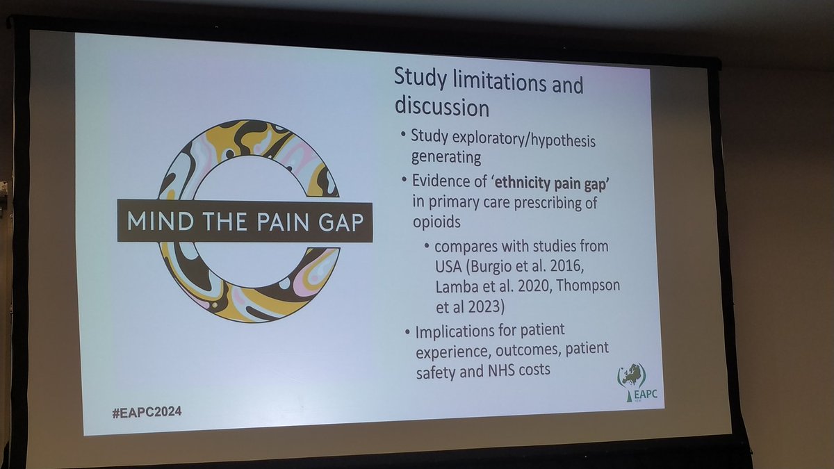 Ethnic disparities in rates of opioid prescription for cancer pain in UK shows that there is evidence of 'ethnicity pain gap' which needs to be addressed. @JonathanKoffman from @wolfsonpallcare #EAPC2024 @EAPCvzw