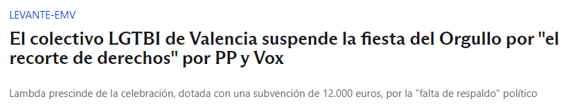 PP y VOX en Valencia suspenden la fiesta del Orgullo.

No quieren que las personas sean libres. Están llenos de homofobia y represión. Niegan la visibilidad y la pluralidad.

Ni un paso atrás en derechos y libertades.
#LGTBIfobia 🏳️‍🌈🏳️‍⚧️