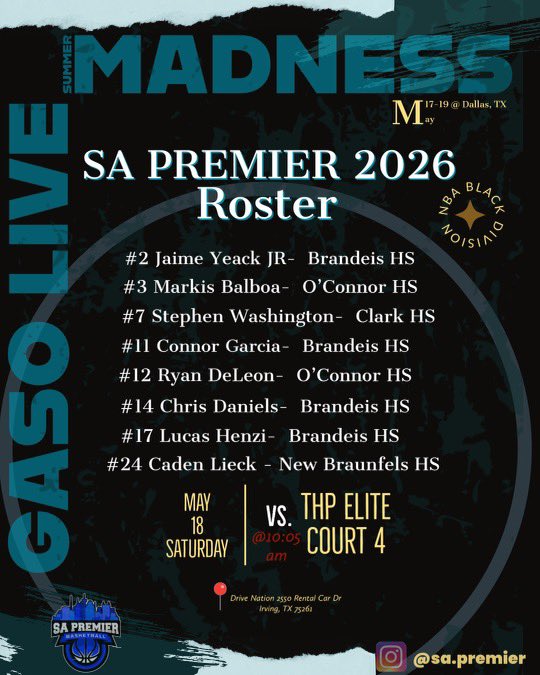 Markis Balboa (@markisbalboa) on Twitter photo SA Premier 2026 will be active this weekend in <a href="/TexasHoopsGASO/">TexasHoops/GASO π</a> Live Summer Madness, NBA division - Black. <a href="/GASOBlue/">Blue Zertuche π</a> <a href="/GASOMass/">Ryan Massad π</a> <a href="/GASOLyndon/">Lyndon Cook π</a> <a href="/GASOTim/">Tim Littlefield</a> <a href="/iFilmHoopers/">Michael Timmins</a> SA Premier 2026 will be active this weekend in <a href="/TexasHoopsGASO/">TexasHoops/GASO π</a> Live Summer Madness, NBA division - Black. <a href="/GASOBlue/">Blue Zertuche π</a> <a href="/GASOMass/">Ryan Massad π</a> <a href="/GASOLyndon/">Lyndon Cook π</a> <a href="/GASOTim/">Tim Littlefield</a> <a href="/iFilmHoopers/">Michael Timmins</a>