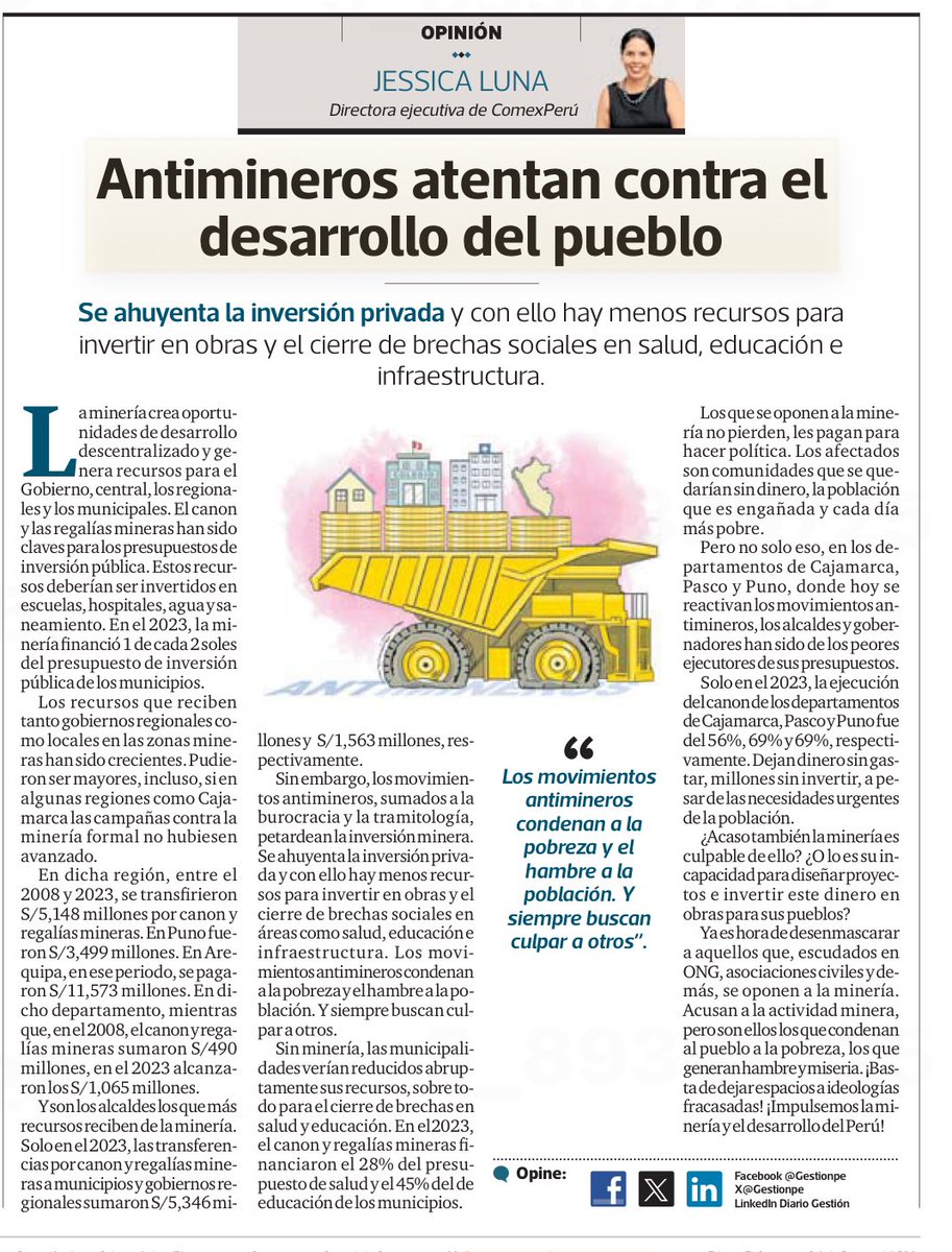 Los antimineros petardean la inversión minera, y con ello hay menos recursos  para invertir en obras y el cierre de brechas sociales. Los movimientos antimineros condenan a la pobreza y el hambre a la población. Y siempre buscan culpar a otros. 

📌 En 2023, la minería financió 1
