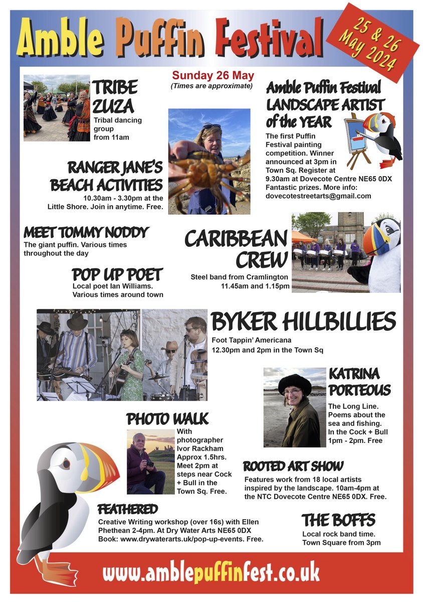 1 week to go!! Check out all the fabulous events we have lined up for this year's #amblepuffinfest #livemusic #familyfun #stalls #walks #talks #arts #crafts #workshops #food #puffins