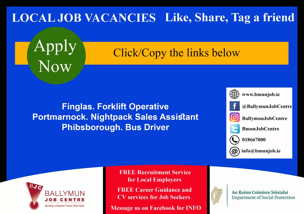 👉 Visit us at: Bmunjob.ie

Vacancies #bmunjob #jobfairy #dublinjobS
Finglas. Forklift Operative
is.gd/TllQh1 
Portmarnock. Nightpack Sales Assistant
is.gd/LBMCWx
Phibsborough. Bus Driver
jobsireland.ie/en-US/job-Deta…