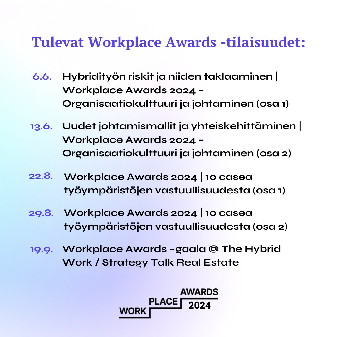 Käy merkkaamassa kalenteriin tulevat Workplace Awards 2024 -kilpailun tapahtumat! 🗓 Tutustu kilpailijoihin ➡️ rakli.fi/tyon-murros/wo… Ja ilmoittaudu mukaan ➡️ rakli.fi/tapahtuma/