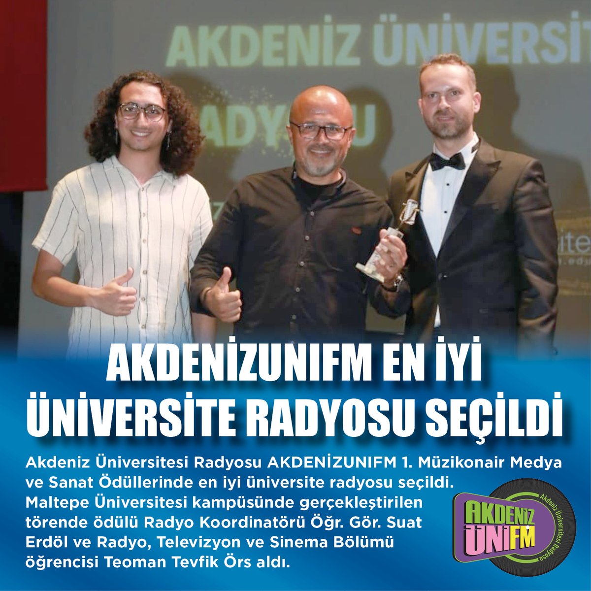 Akdeniz Üniversitesi Radyosu AKDENİZUNIFM 1. Müzikonair Medya ve Sanat Ödüllerinde en iyi üniversite radyosu seçildi. 🔗akdeniz.edu.tr/tr/haber/akden…