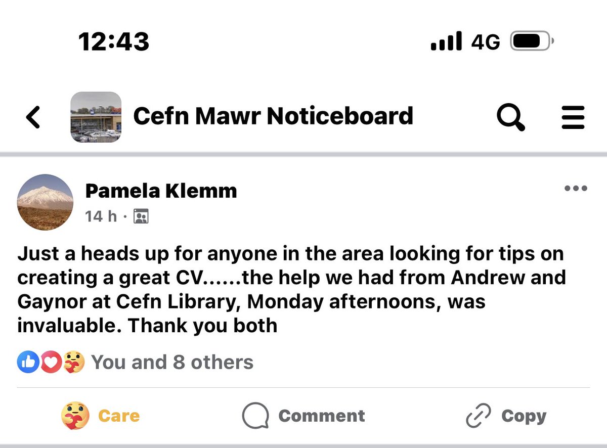 Some lovely feedback regarding our CV Writing Support sessions on Mondays at Cefn Library. If your in need of a New then why not pop by this Monday between 1 & 3pm 😀💜