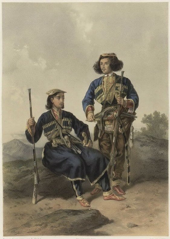 Illustrations from the album Ethnographic Description of the Peoples of Russia by Gustav-Fedor Pauli, 1862. 1. Georgian women. 2. Deputies of the Caucasian tribes at the coronation of the Emperor in Moscow in 1856. 3. A Kurd and an Armenian. 4. A Mingrel and a Gurian.