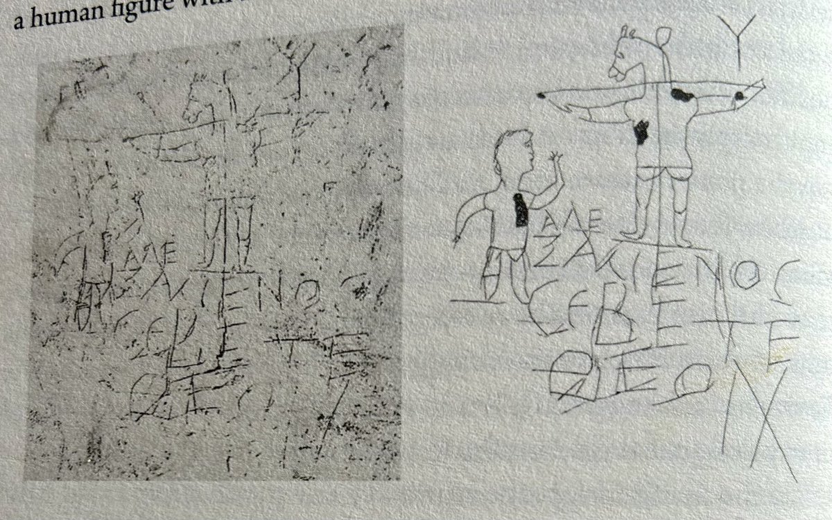 Fascinating from Mary Beard’s wonderful #emperorOfRome- a graffito from the Palatine Palace (probably late 2nd C) parodying the crucifixion which may be the earliest surviving depiction of it.