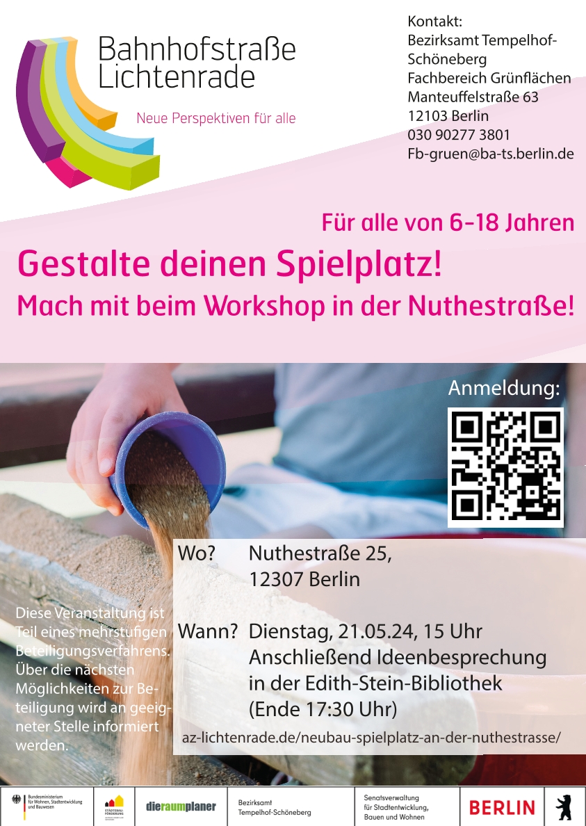 Gestalte deinen Spielplatz! 🛝 Kommende Woche findet ein #Workshop für Kinder und Jugendliche in #Lichtenrade statt. Macht mit und bringt eure Ideen für den neuen #Spielplatz in der Nuthestraße 25 ein! Weitere Infos hier ➡️berlin.de/ba-tempelhof-s…