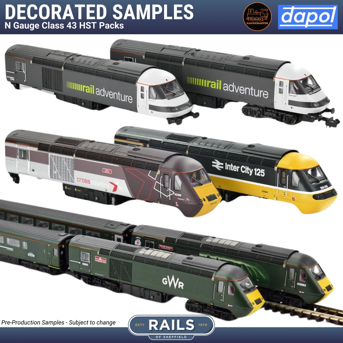 🚅 Gaugemaster have revealed decorated samples for their new Dapol N Gauge Class 43 HST Packs in RailAdventure and Cross Country/ Intercity liveries! Pre-order now from £157.20: tinyurl.com/ypxzp8m4

As previously mentioned a final run of the popular GWR Castle set is due too.