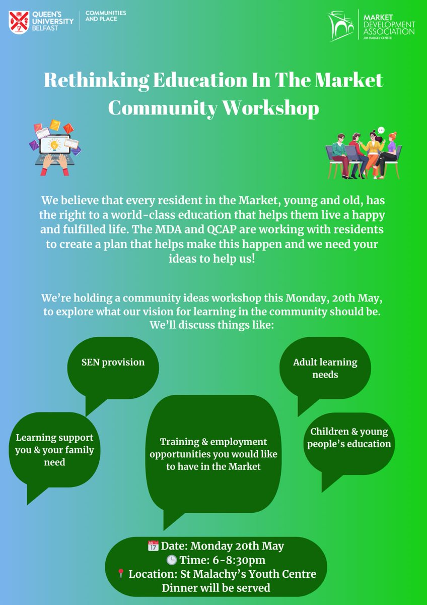 ✍️ Rethinking Education in the Market: Community Workshop 📆 Monday 20th May St Malachy’s YC We’re holding a community ideas workshop on 20th May to explore what our vision for education in the community is. Come along and help shape the future of education in our community!