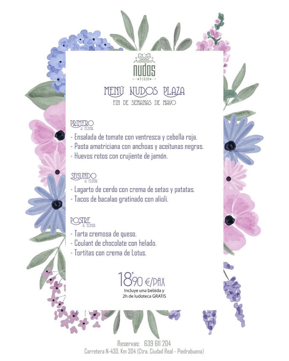 🍽️🎉 ¡Ven y disfruta del delicioso menú de fin de semana de Nudos Plaza durante todo este mes! por solo 18,90€, ¡incluyendo una bebida y 2 horas de diversión en la ludoteca para los más pequeños! No te lo pierdas, reserva tu mesa ahora llamando al 639611204. ¡Te esperamos!