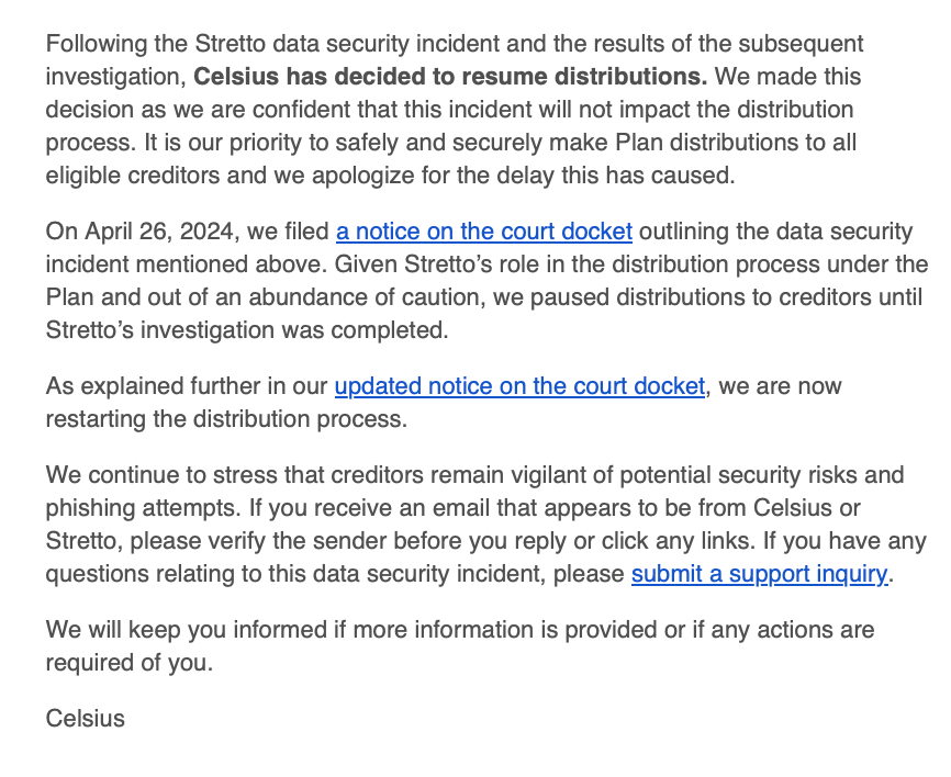 I have only a tiny exposure to Celsius, but I can only imagine how frustrating this has been for large creditors. I've seldom seen so many fake emails and phishing, odd official crypto redemption options that didn't work. And then a data security incident. Overall insanity.