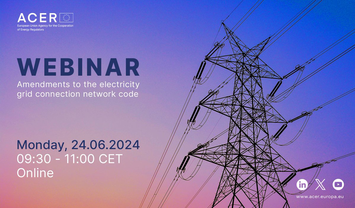 🗣 ACER will consult on amendments to the #NetworkCode on #GridConnection requirements for high voltage direct current systems & related #power park modules. 📥 Public consultation: 17/6-8/9 🎤 Webinar: 24/6 Read more 🔗 acer.europa.eu/news-and-event…