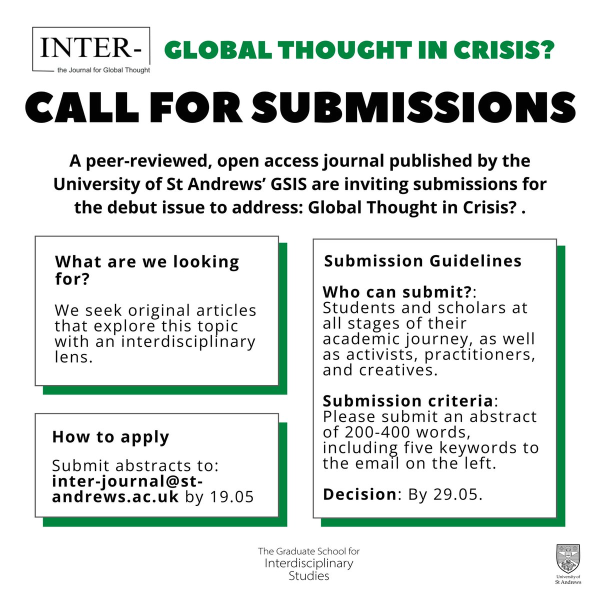 The abstract submission period to INTER-, our peer-reviewed, open-access journal, has been extended to Sunday 19th May! 
@StLeonards_PGs @StAndrewsIR @StAndrewsSGSD @GenderStAndrews @MHSStAndrews @StAndMedicine @INTER_Commons