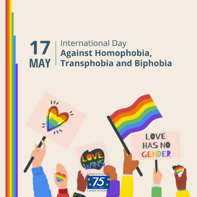 17/5 Hoy celebramos el Día Internacional contra la Homofobia, la Transfobia y la Bifobia #IDAHOBIT, un  día para recordar las recomendaciones de la Comisión Anti-discriminación del #ConsejodeEuropa #ECRI para prevenir la discriminación de personas #LGBTI.

go.coe.int/ccZ8k