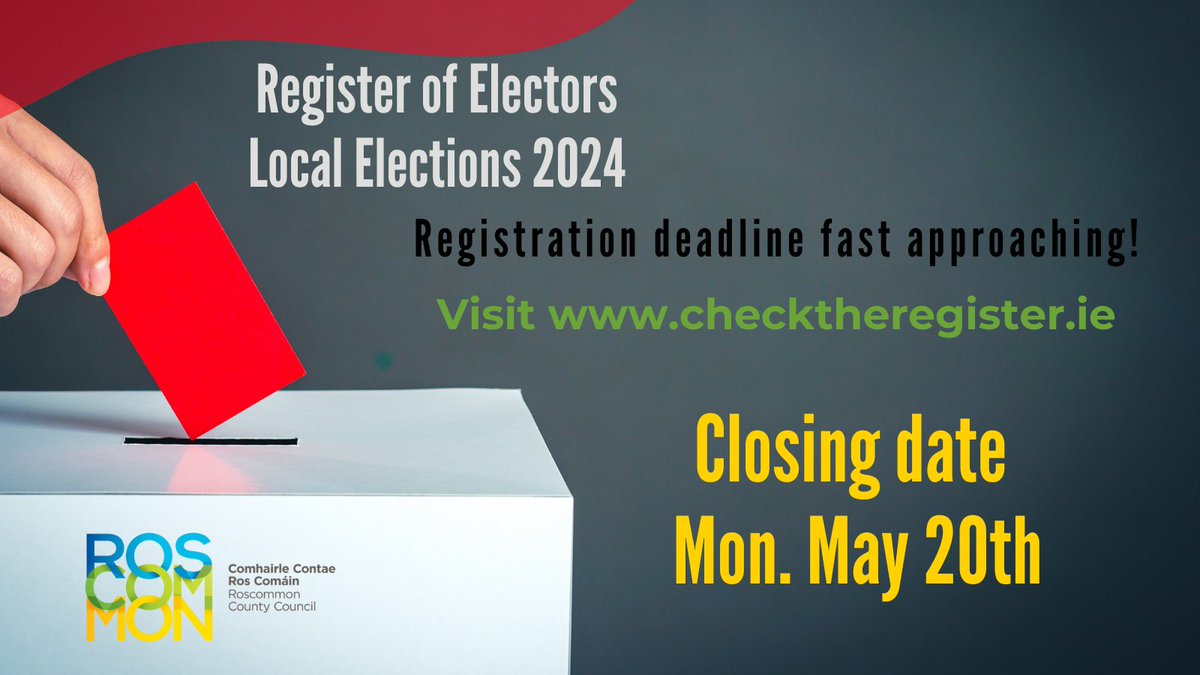 🗓️ The closing date for inclusion on the Register of Electors is this Mon. May 20th. ⚠️ If you are not on the register, you will not be entitled to vote at the Local & European Elections on Fri. 7th June 2024. 💻 To apply, visit checktheregister.ie