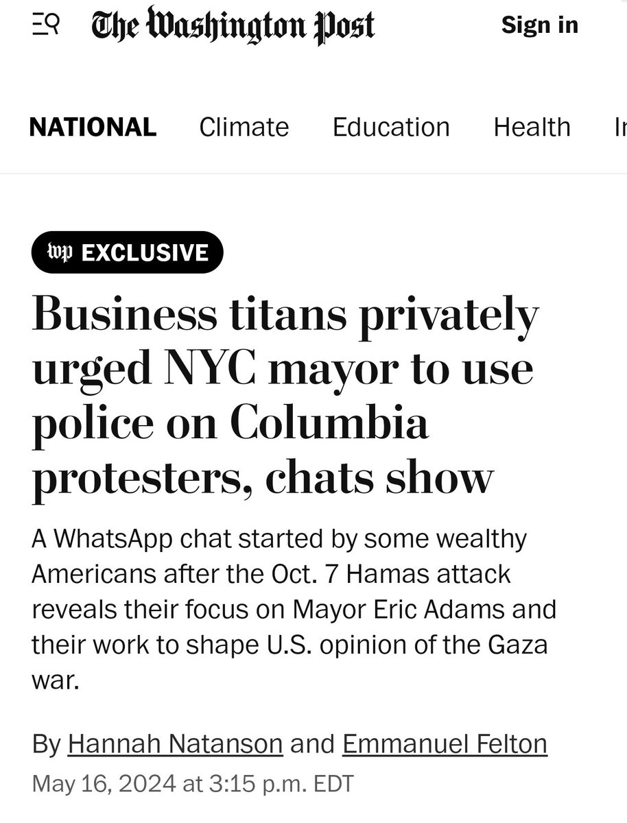 🚨 Scoop del @washingtonpost: un gruppo di miliardari e mercenati hanno fatto una videochiamata su Zoom il 26 aprile con il sindaco di NY Eric Adams, chiedendogli di mandare la polizia a fermare le proteste pro-Palestina alla Columbia University e promettendogli in cambio