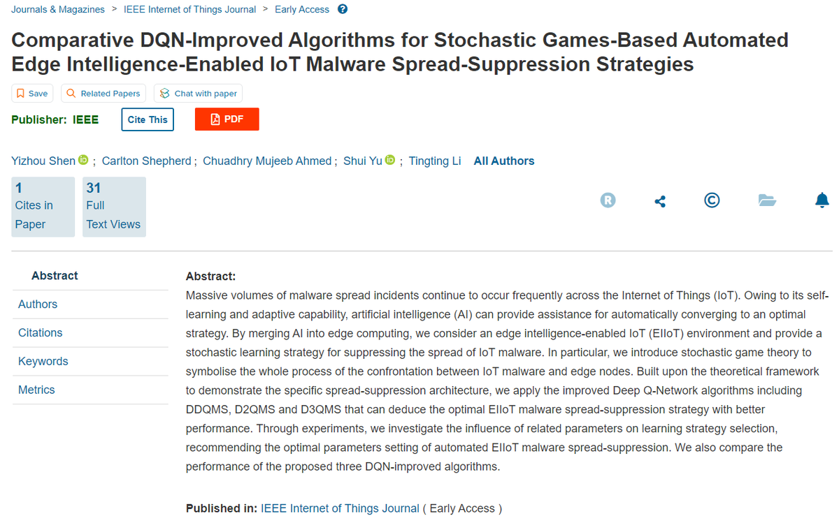 Excited to share our latest publication on Automated Cyber Defence for suppressing IoT malware spreading, published in the IEEE IoT Journal. It was completed by our final-year BSc student Yizhou Shen under my supervision. #cybersecurity #iot

Read it here: ieeexplore.ieee.org/document/10478…