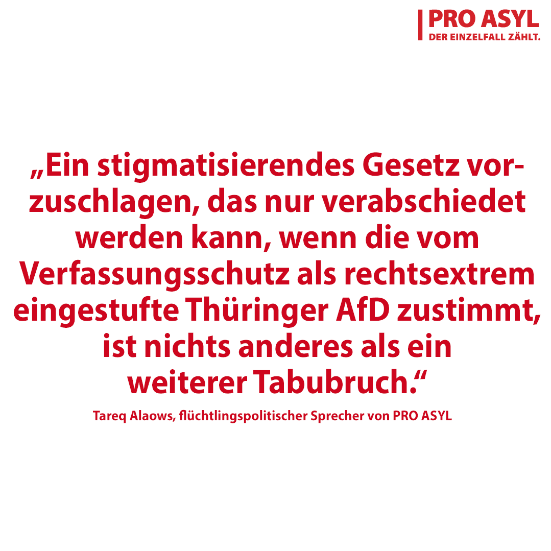 Die CDU in #Thüringen hat einen Gesetzentwurf eingereicht, mit dem Flüchtlinge stigmatisiert & in der Erstaufnahme nach 'guter' & 'schlechter' Bleibeperspektive aufgeteilt werden. Für die Verabschiedung des Gesetzes braucht es allerdings die AfD-Stimmen... proasyl.de/pressemitteilu…