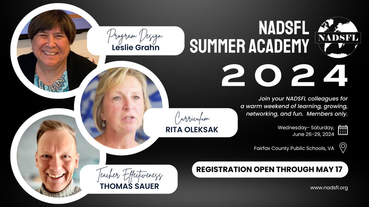 News! Registration for the 2024 Summer Leadership Academy has been extended until May 20. There are a few seats left! Come join us at @NADSFL with presenters Leslie Grahn, Rita Oleksak, and Thomas Sauer. Regular registration includes lodging, evening events, and all meals.