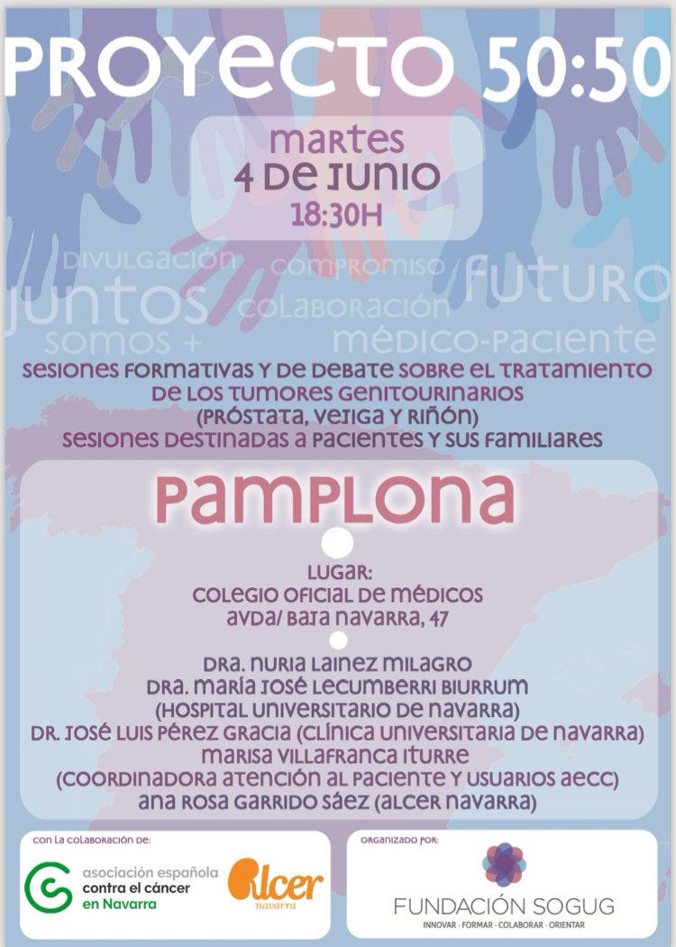 Proyecto 50:50 en Pamplona. 📅 Martes 4 de junio a partir de las 18,30 horas En el Colegio Oficial de Médicos. @LainezNuria, Dra. María José Lecumberri, @JlgraciaMD Con la colaboración de @ContraCancerNAV @ALCER_Navarra Pacientes, familiares e interesad@, os esperamos!!!