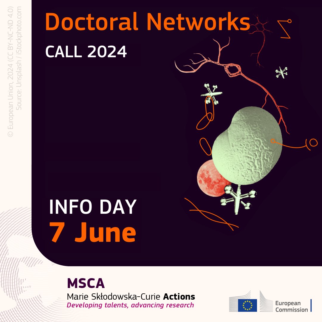 Join us for the #MSCA #Doctoral Networks 2024 Call Info Day!

🗓️ When: 7 June 2024
📍 Where: Online

Register now 👉europa.eu/!tcX7jX

💬 Questions?

Submit yours before 30 May & be part of the live Q&A on Slido at the end of the event:

👉 bit.ly/4b3RasY