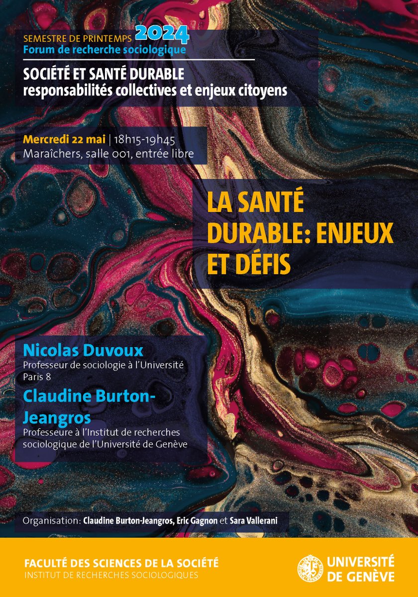 SOCIO UNIGE (@irs_sds) on Twitter photo #forum #sociologie #santé
<a href="/UNIGEnews/">Université de Genève</a>
Mercredi 22 mai | 18h15-19h45 | Maraîchers, salle 001
La santé durable: enjeux et défis
Nicolas Duvoux
Claudine Burton-Jeangros
unige.ch/sciences-socie… #forum #sociologie #santé
<a href="/UNIGEnews/">Université de Genève</a>
Mercredi 22 mai | 18h15-19h45 | Maraîchers, salle 001
La santé durable: enjeux et défis
Nicolas Duvoux
Claudine Burton-Jeangros
unige.ch/sciences-socie…