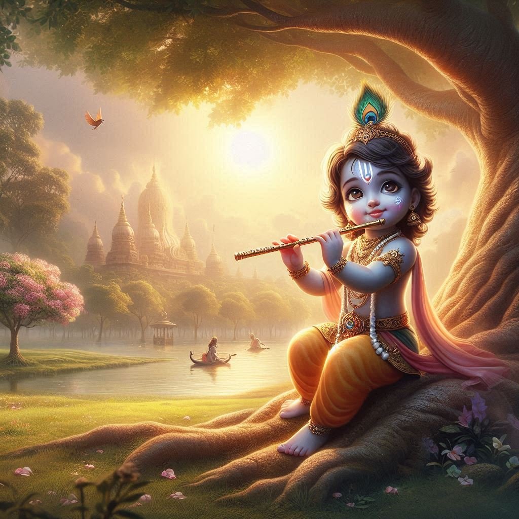 Little Krishna plays his flute amidst a peaceful backdrop, radiating tranquility and spirituality 🌸🎶 #LordKrishna  #Divin @siddipetme