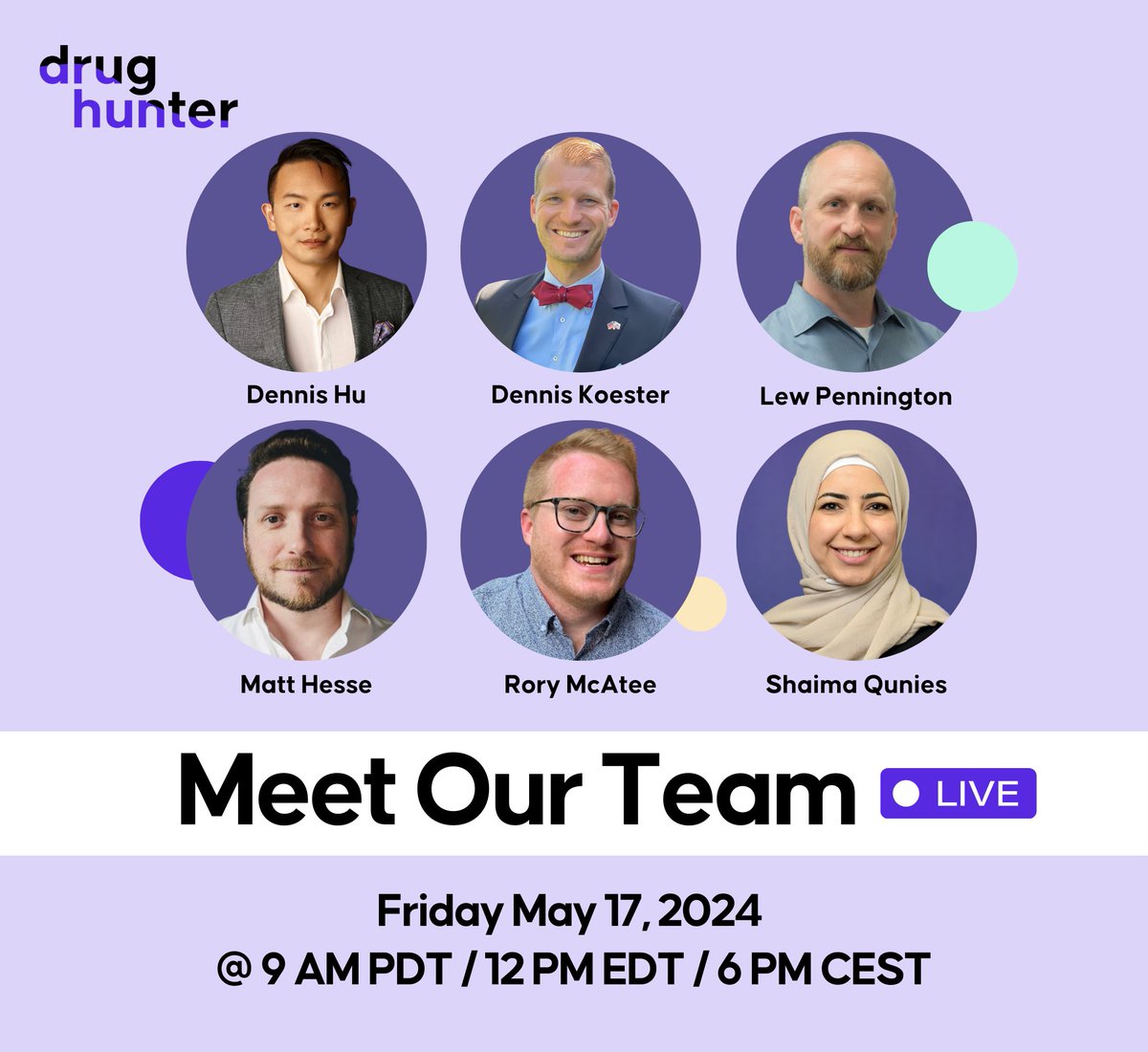 TODAY: Meet Our Team | drughunters.com/3V6hUUJ

Join us for a coffee chat this morning to meet scientists at Drug Hunter, hear what the team is excited about in drug discovery, and get a chance to ask them questions!

Friday, May 17
9:00am PDT/12:00 am EDT/6:00 pm CEST