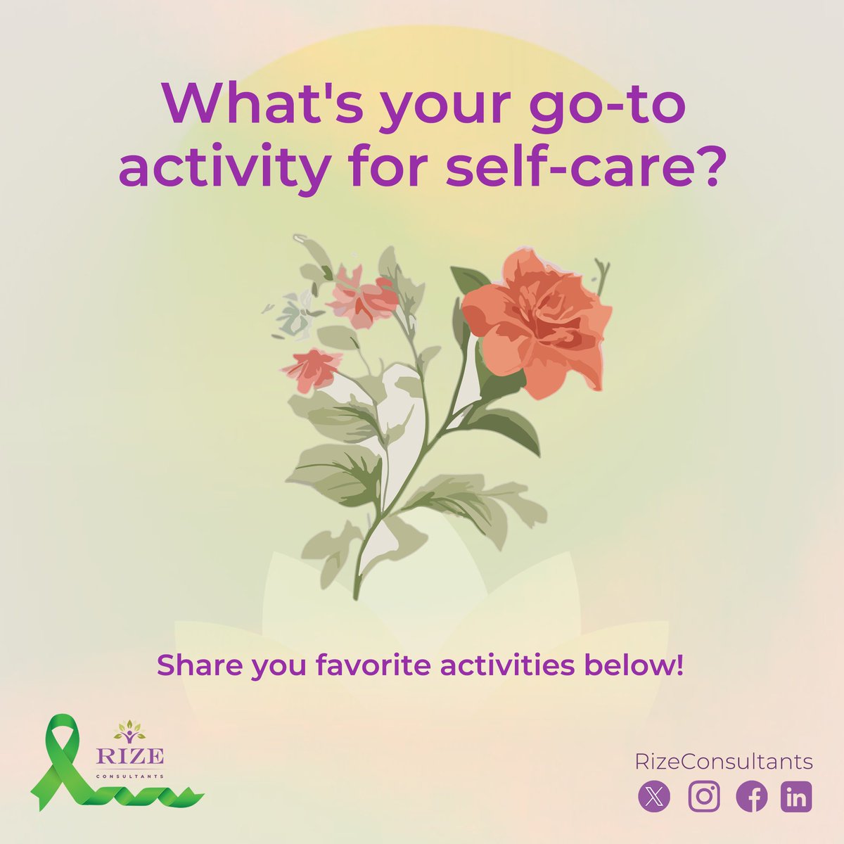 Share Your Self-Care Secret 🌸 What’s your go-to activity for recharging? Let’s celebrate our favorite me-time moments!

#RizeConsultants #Rize #SelfCareRoutine #MeTimeMoments #WellnessJourney