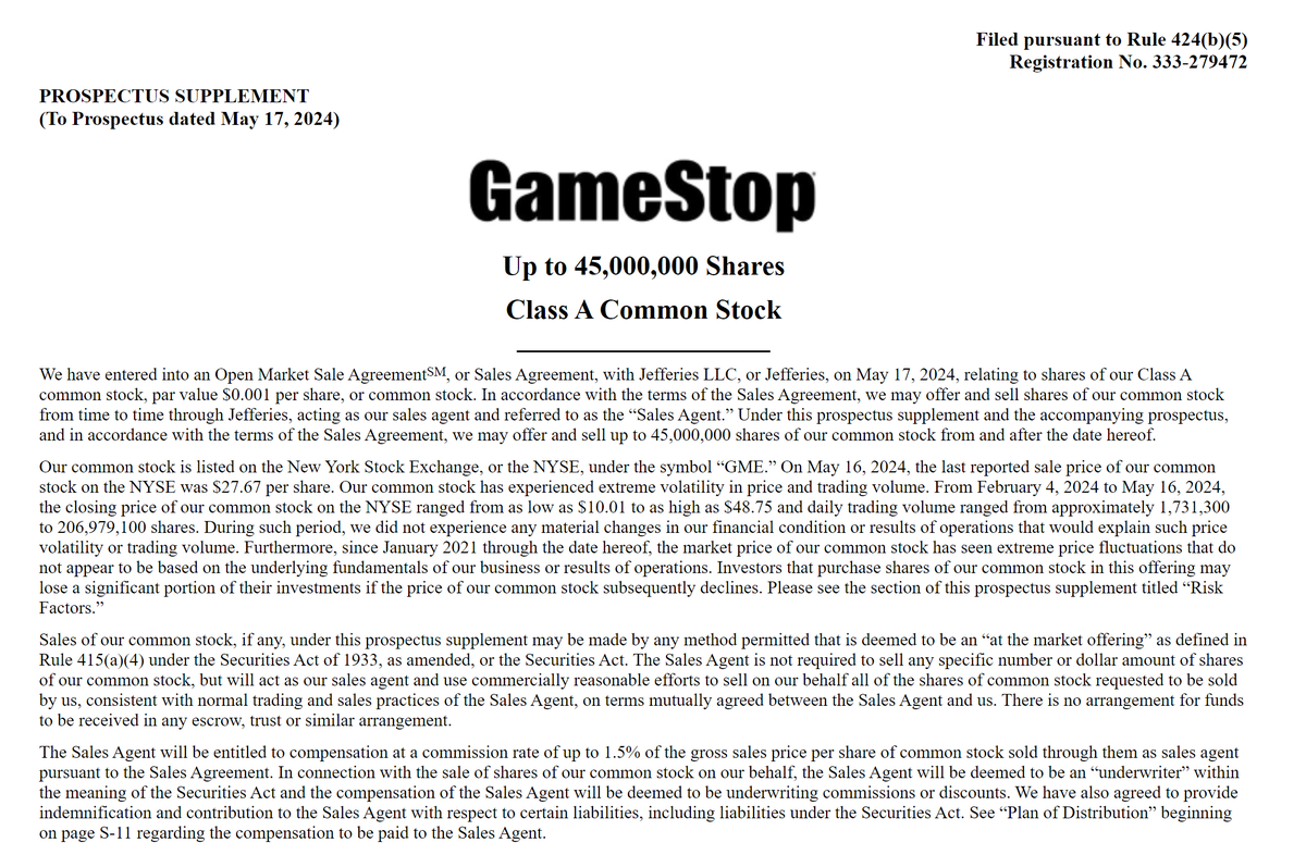 dlauer's tweet photo. $GME has filed to sell up to 45M shares, entered into an open market sale pact. https://t.co/0U1wDltW4n