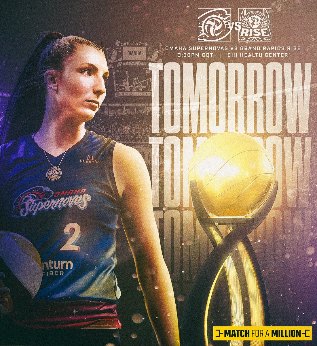 🏆 Nebraska, your Supernovas play in the Pro Volleyball Federation Championship TOMORROW! Postseason glory and a million dollar bonus are on the line 👀. Who's ready to see this historic showdown?! 🎟️ tinyurl.com/ChampionshipTi… #OmahaSupernovas | #MatchForAMillion