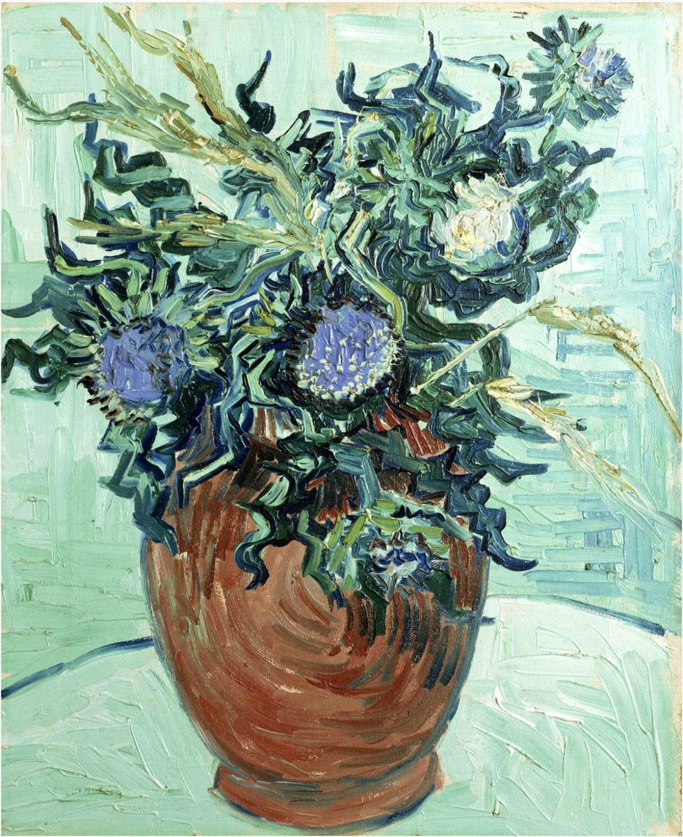 💐 Vincent painted 'Vase with Thistles' in Auvers-sur-Oise (FR). It captures the vibrancy of his friend Dr Gachet’s garden. Purple thistles and green leaves fill the earthenware pot. The outlines of the table and the leaves are reminiscent of the Japanese prints Vincent admired.