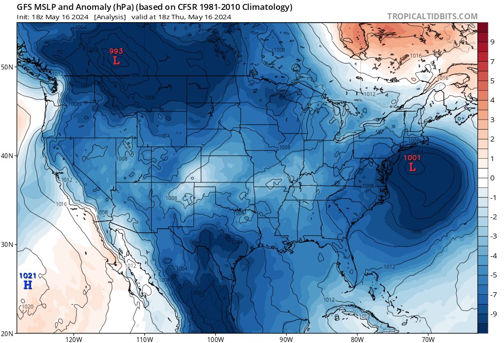 The entire lower 48 states of the US experienced lower than normal surface air pressure yesterday. That doesn’t happen often! #wxtwitter #wxX