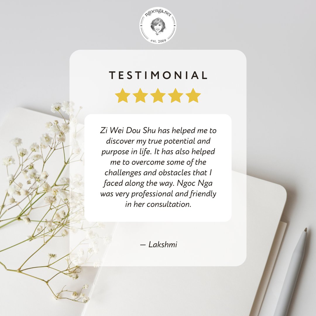 Zi Wei Dou Shu has helped me to discover my true potential and purpose in life. — Lakshmi
🤩✅👏 Check out what my happy client had to say:  
ngocnga.net/zi-wei-dou-shu…
#ziweidoushu #purplestarastrology #chineseastrology
#testimonial #clientreview #clientappreciation #wordofmouth