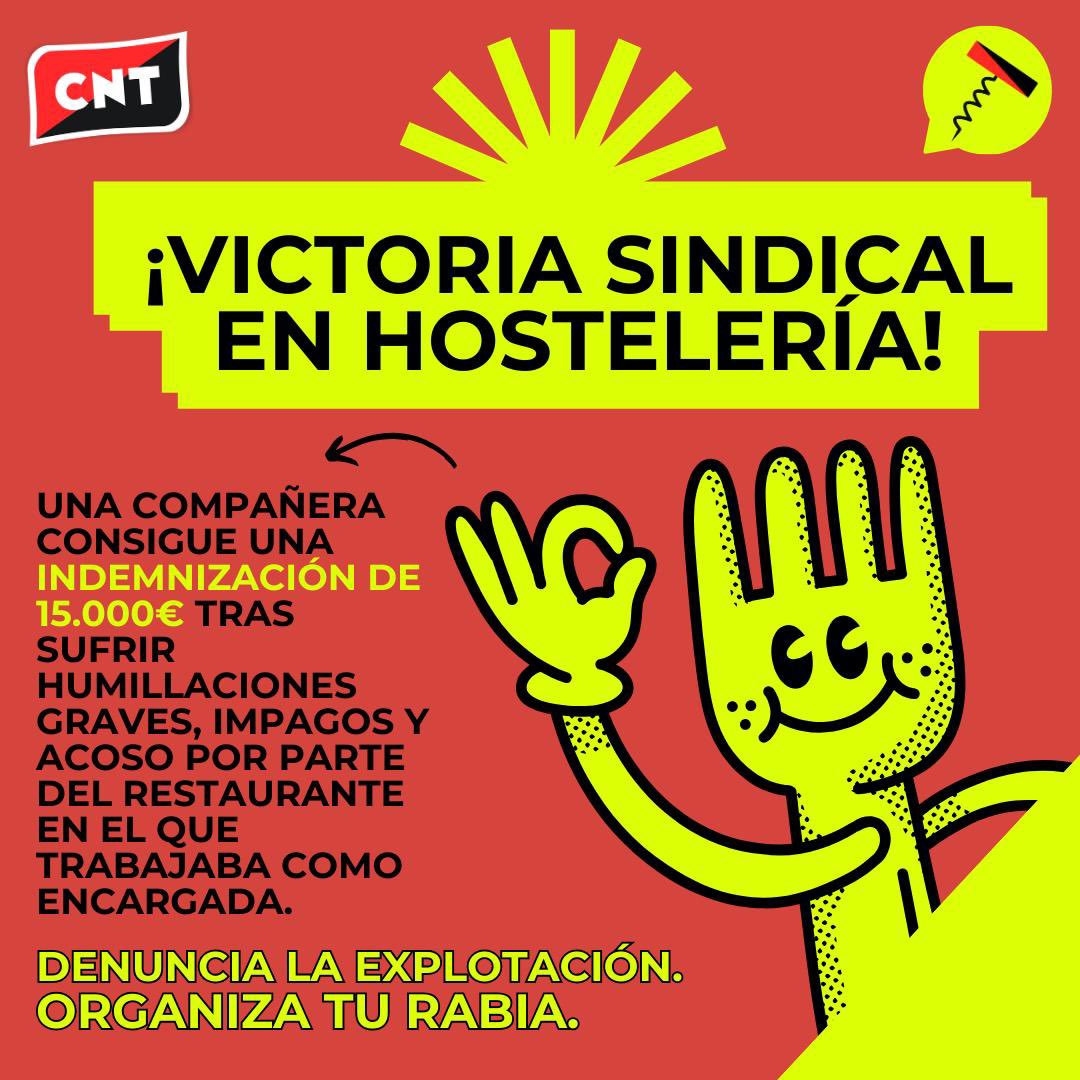 VICTORIA SINDICAL!💪🏼💪🏼
Gracias a las compañeras y compañeros del sindicato, acción sindical y abogacía; una compañera de hostelería ha podido hacer justicia.
¡Organiza tu rabia! ¡Denuncia las injusticias! 🔥