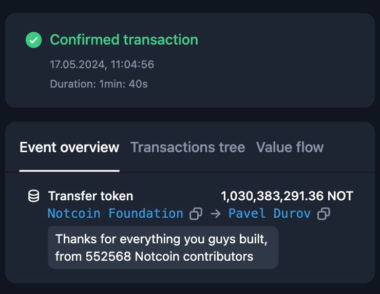 Notcoin a donat $6,8 milioane în NOT către Telegram și Pavel Durov