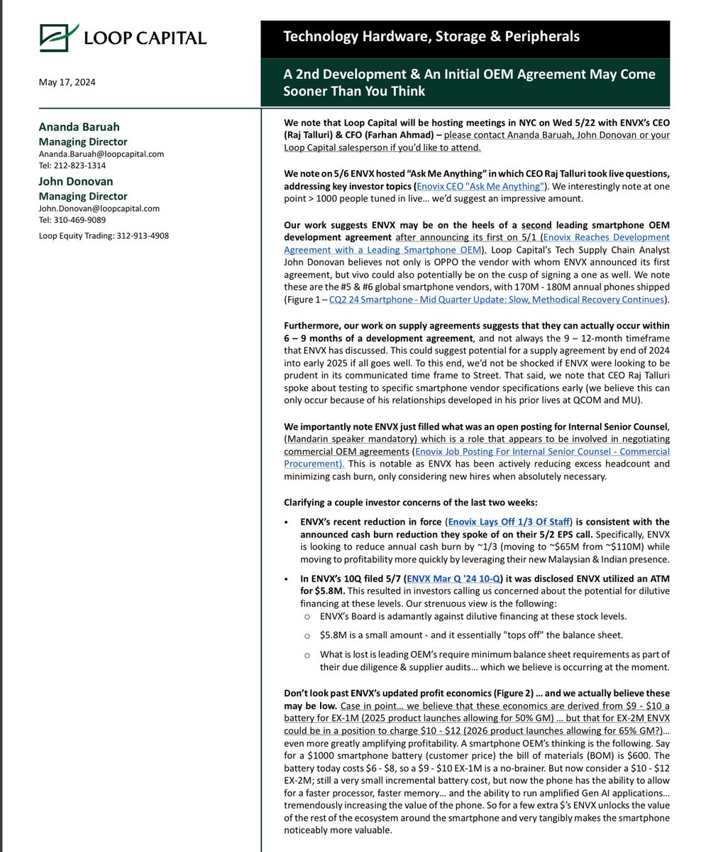 $ENVX …. 👀 This note from Loop Capital is a must read. Every paragraph is highly insightful and IMHO highly bullish for the Enovix. The Loop Capital analyst gets better then any sell side analyst on the street.