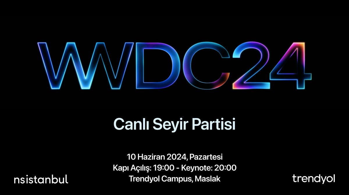 Herkese merhaba! Her yıl düzenlediğimiz WWDC Canlı Seyir Partisi etkinliğini, 2024 yılında yine @Trendyol sponsorluğunda gerçekleştiriyoruz! 10 Haziran Pazartesi 20:00'de keynote sunumunu Trendyol Campus’ta seyredeceğiz. Herkesi bekliyoruz! KAYIT: kommunity.com/nsistanbul/eve…