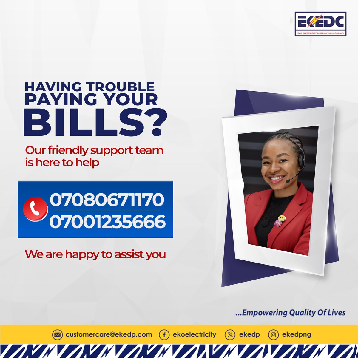 Stuck while paying your bills? Don't sweat! Our friendly support team is here to help. Call 07080671170 or 07001235666, or send us a DM on our socials! ⚡️ #EKEDC #Empoweringthequalityoflives #BillPayment