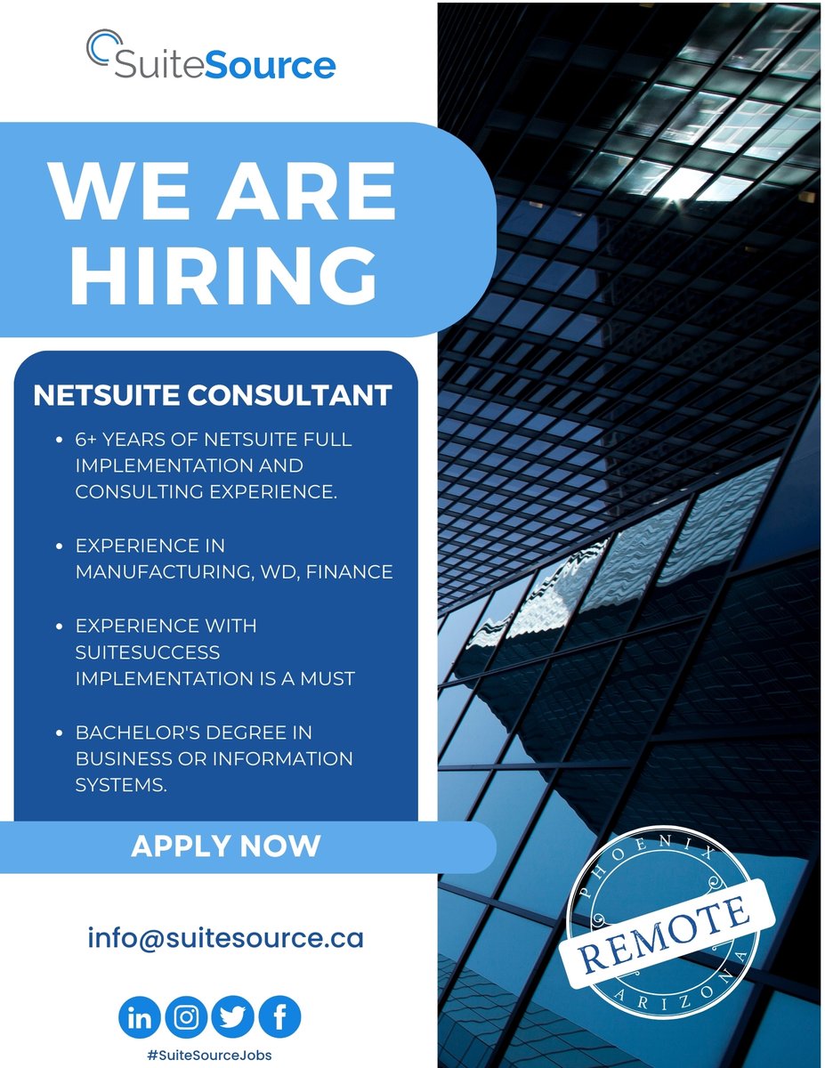 Our client is looking for an experienced #NetSuite Consultant to join their team. This is a #Remote opportunity in #Arizona. Apply by email or visiting our career portal: ow.ly/mPtZ50RxwzC? #SuiteSourceJobs #Hiring #Apply #Applynow #Opportunity #Consultant