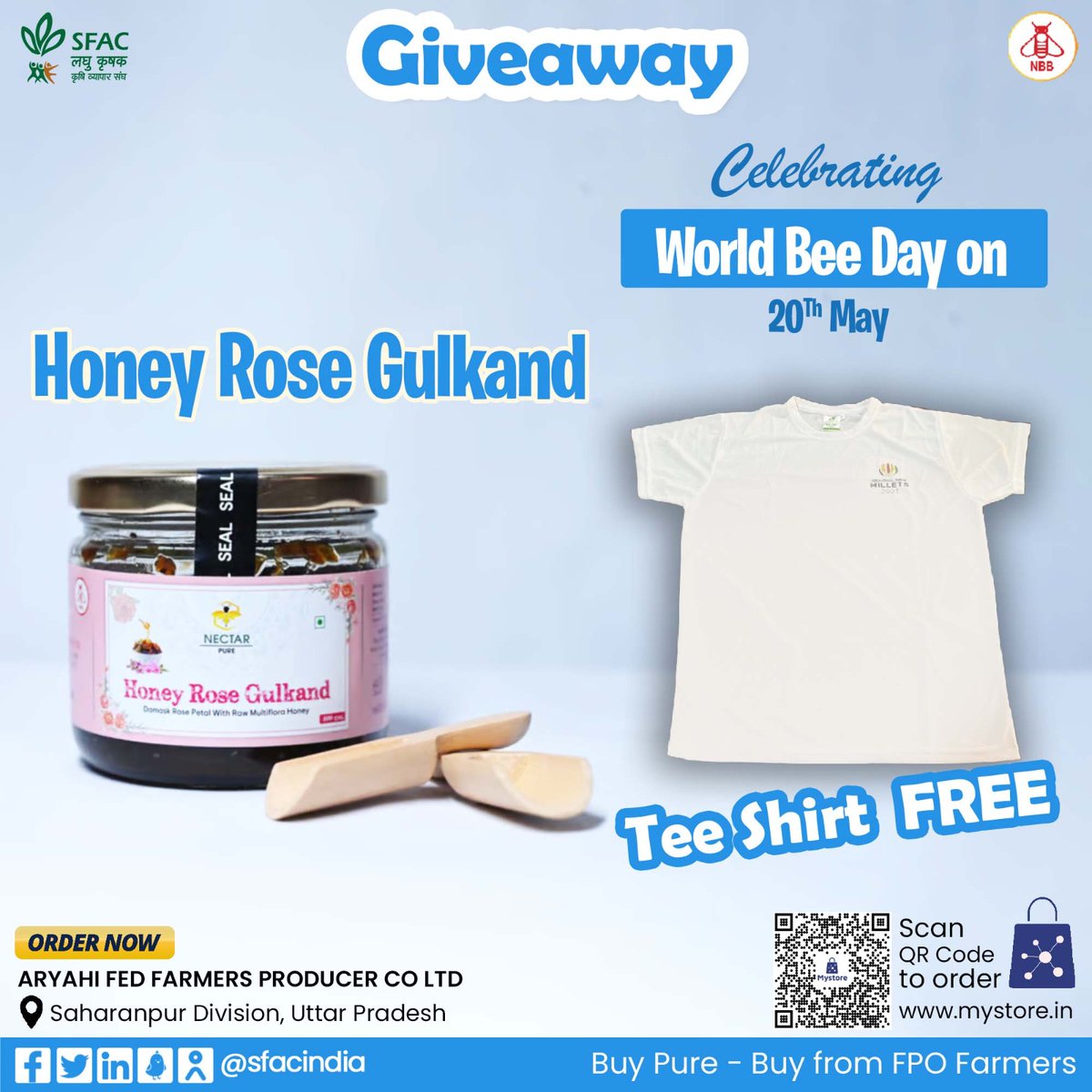 Giveaway on World Bee Day 20th May Enjoy natural blood purifier & remedy for beautiful skin with this pure honey rose gulkand. WIN a white tee shirt FREE. Valid for first 5 orders Buy straight from FPO farmers👇 mystore.in/en/product/hon… 🍯 #VocalForLocal #healthychoices