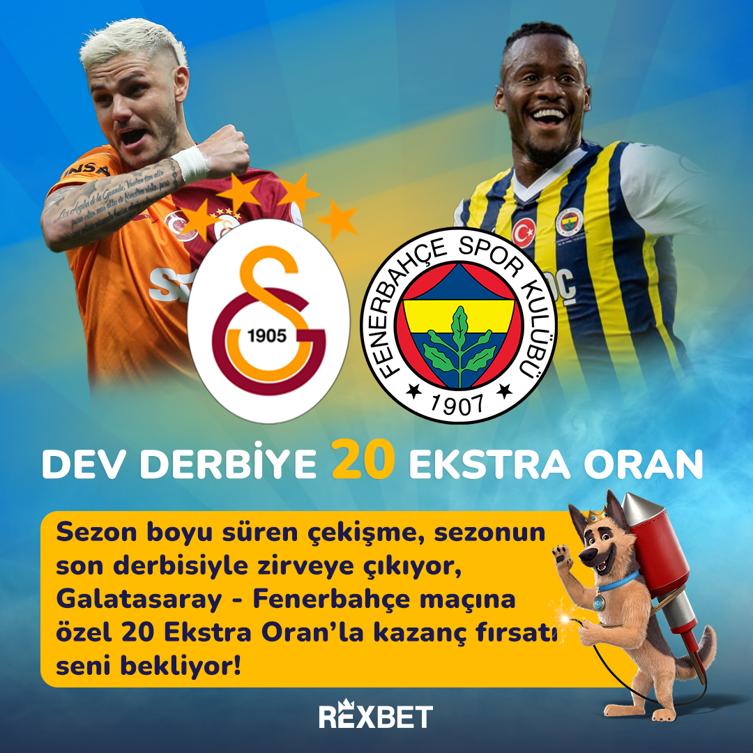🔥 Galatasaray ve Fenerbahçe derbisine özel 20 ekstra oranla kazanç fırsatı #Rexbet'te sizi bekliyor! Hemen Süper Lig'de oynanacak bu çekişmeli maça bahislerini almak için siteye giriş yap! Rexbet Giriş: bit.ly/444ZExH