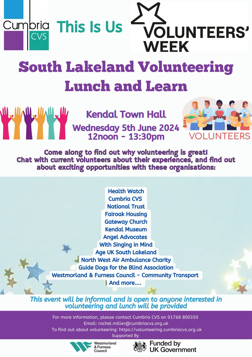 If you have ever thought about Volunteering &amp; want to know more come and meet us at Cumbria CVS volunteer event &amp; lunch at Kendal Town Hall on the 5th June, 12noon - 13:30.  Come &amp; talk to us about all the opportunities we have for volunteering in South Lakeland.