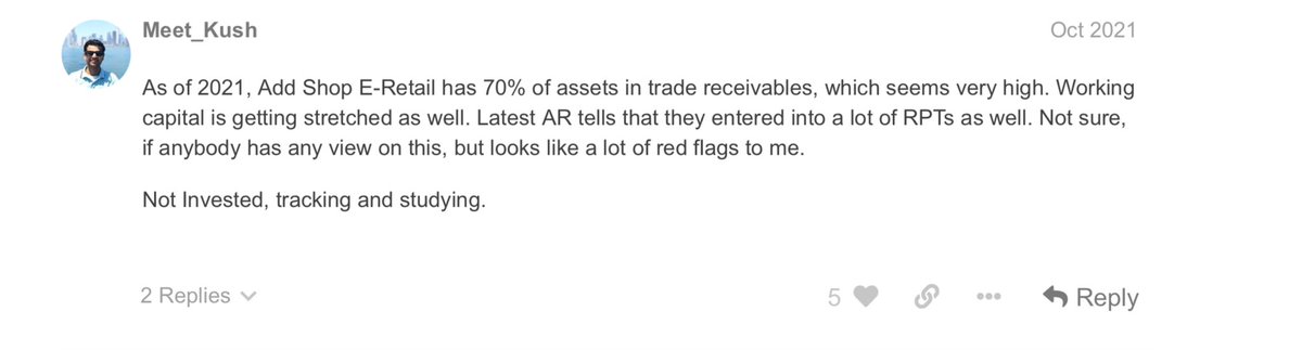 kush5211's tweet photo. I studied and decided to move away from investing in Add Shop-E Retail back in 2021 when it was roaring crazy. It was a clear case of fraud for me after going through their ARs, balance sheet, scuttle butt and what not. Inputs I added on Valuepickr forum back in 2021 👇🏻👇🏻 https://t.co/v8jPlJkX1A