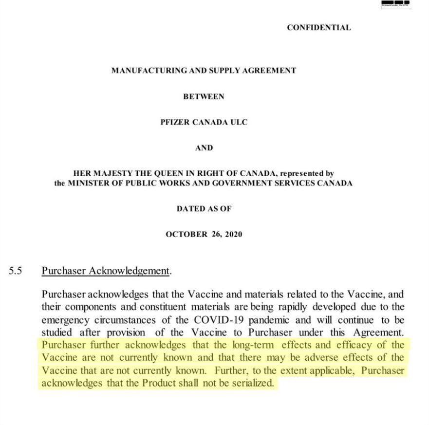 Canada’s vaccine agreement with Pfizer reveals that they ALWAYS knew that their product was ineffective and could cause damages.  

Look at this. 

This is what they shamelessly pushed on you and threatened your livelihoods with, while exempting themselves from full