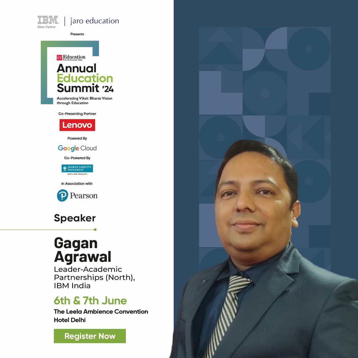 We're delighted to present our esteemed speaker at #ETAnnualEDUSummit, Gagan Agrawal, Leader - Academic Partnerships (North), @IBM India. 

Register Now - bit.ly/3PpTQJ9

#ETAnnualEDUSummit #ETEducation #Education #Summit #TechEdu #EdTech #TechInEducation #School