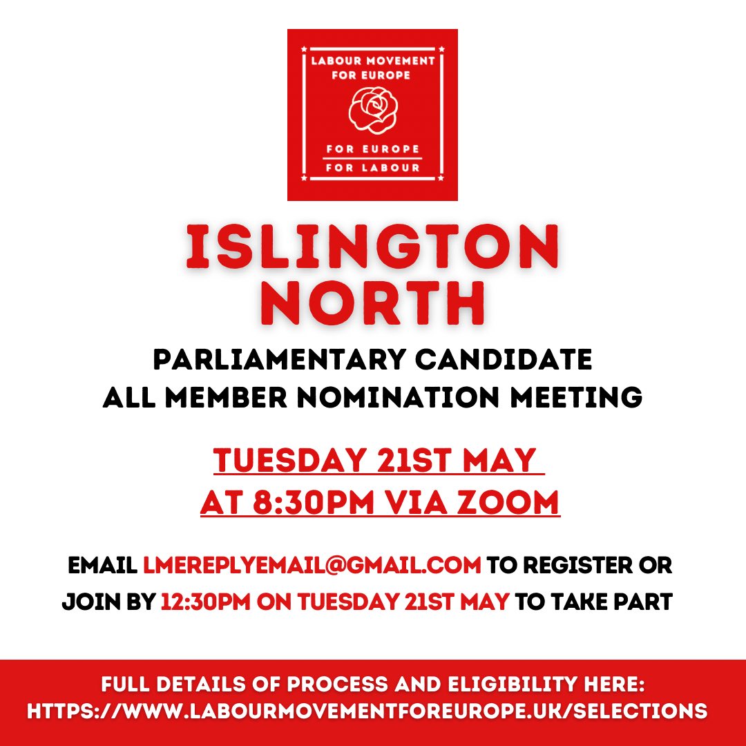 We will be holding hustings to choose who to nominate as the Labour Movement for Europe candidate for Islington North on Tuesday 21st May at 8:30pm via Zoom. Join us by 12:30pm on Tuesday 21st of May to take part in this process, through this link: labourmovementforeurope.uk/join
